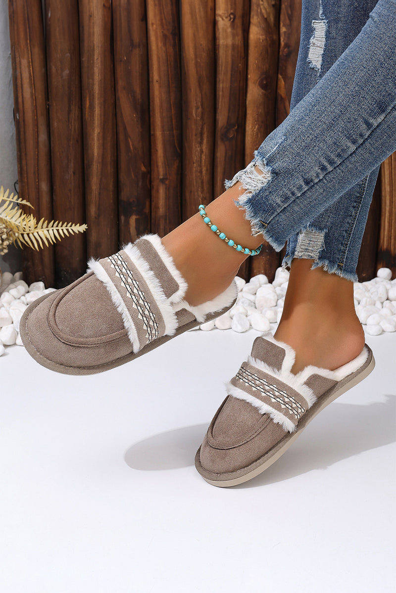 Gray Suede Wavy Striped Plush Lined Home Slippers