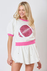 Pink Sequin Rugby Color Block Puff Sleeve Knit Top