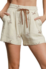 White Bow Pattern Lace Tie Elastic Waist Shorts