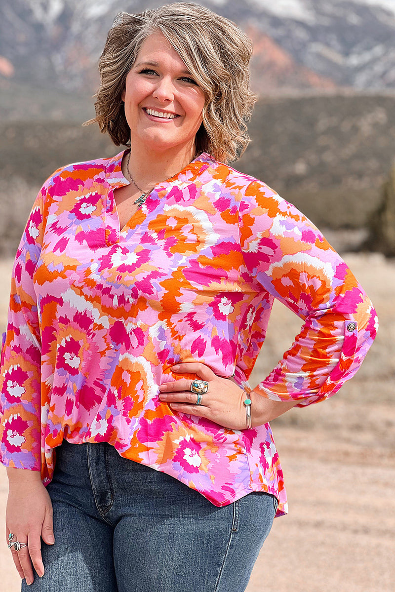 Pink Plus Size Abstract Print V Neck Blouse