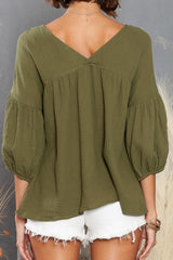 Green Solid Color Gauze Casual V Neck Top for Women