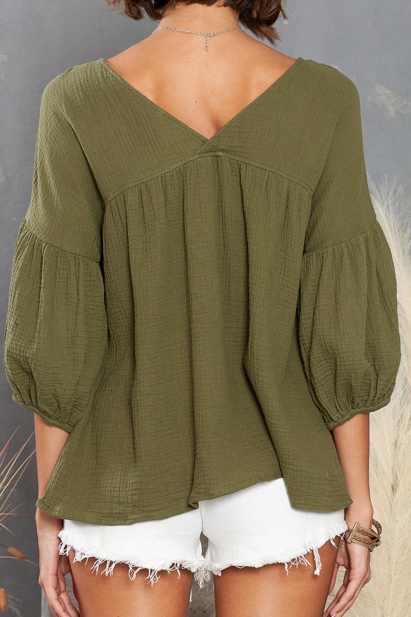 Green Solid Color Gauze Casual V Neck Top for Women