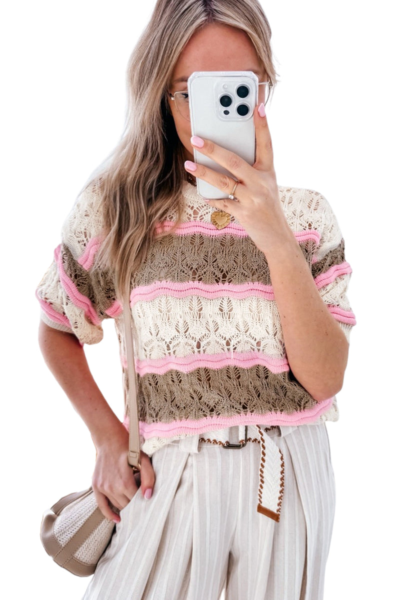 Brown Stripe Color Block Hollow Crochet Sweater