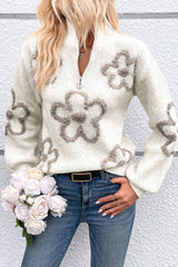 Parchment 60s Flower Half Zipper Stand Neck Sweater