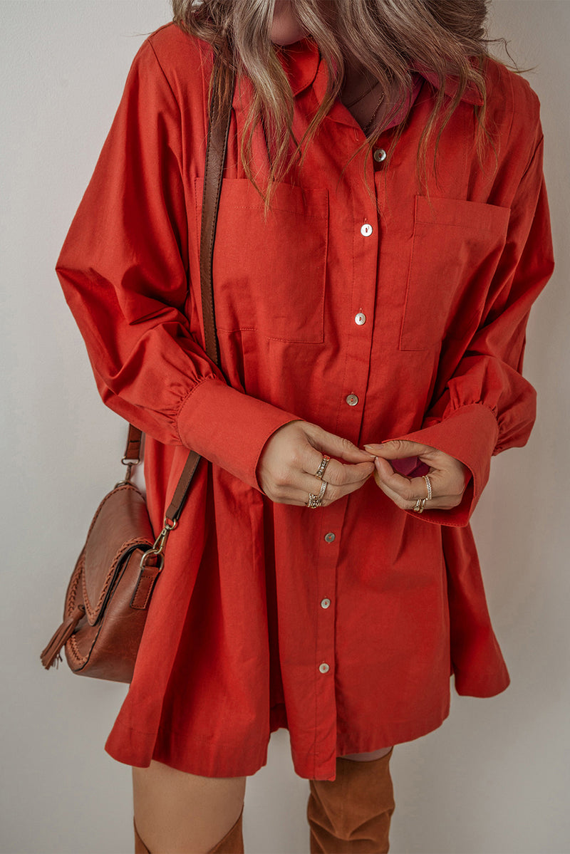 Tomato Red Bishop Sleeve Button-Up Pleated Mini Shirt Dress