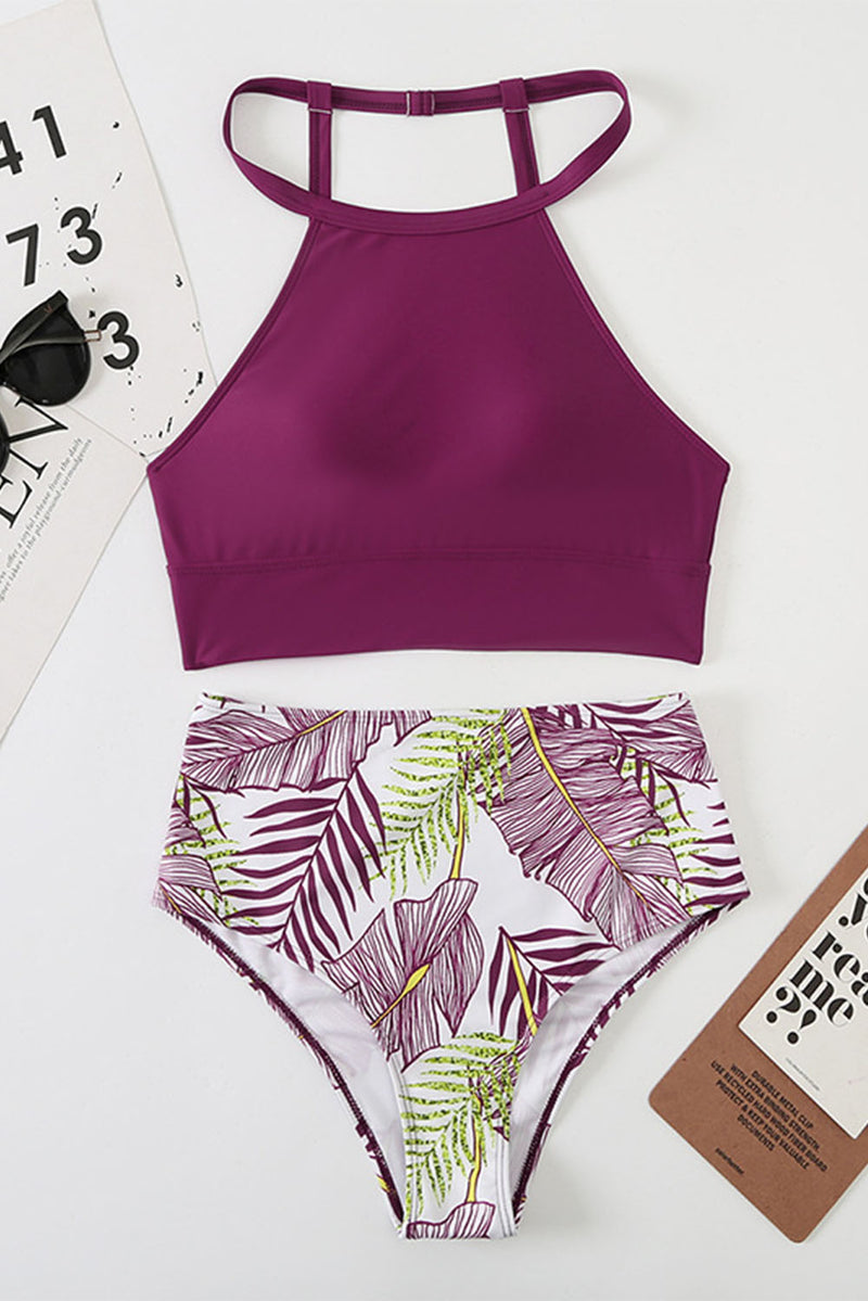 Purple Tropical Print Back Split High Waisted Swimsuit