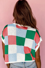 Dark Green Checkered Color Block Cap Sleeve Knitted Top