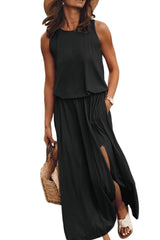 Black Solid Split Sleeveless Tunic Maxi Dress