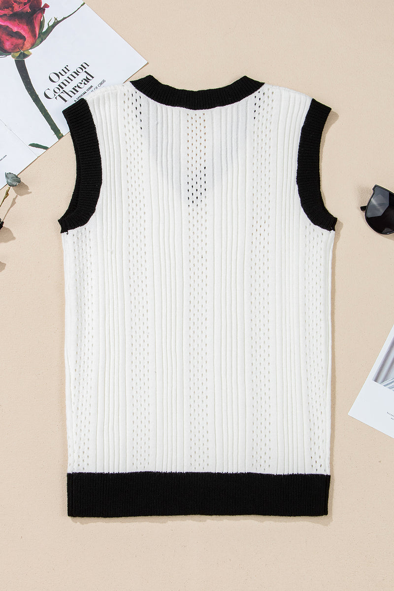 White Contrast Trim Eyelet Knit V Neck Vest