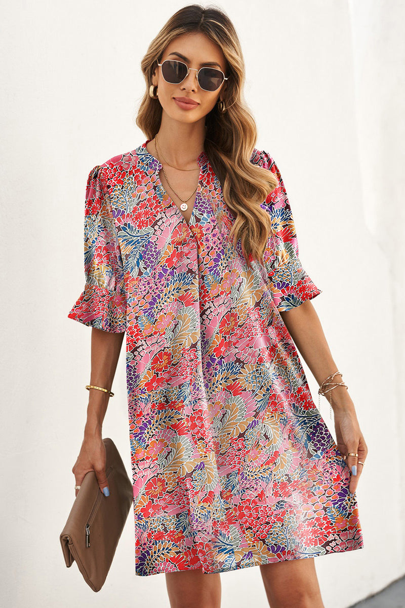 Multicolor Floral Print Split V Neck Half Sleeve Casual Tunic Dress