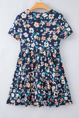 Blue Boho Floral A Line Smocked Waist Mini Dress