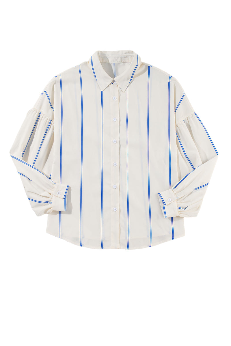 Sky Blue Stripe Drop Shoulder Bubble Sleeve Loose Shirt