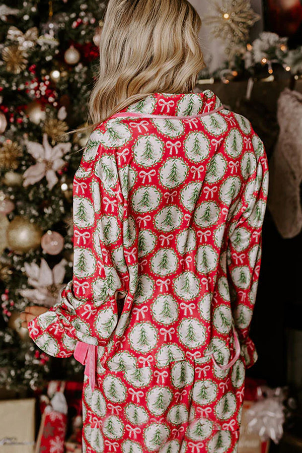 Red Christmas Tree Bow Long Sleeve Lapel Collar Pajama Set