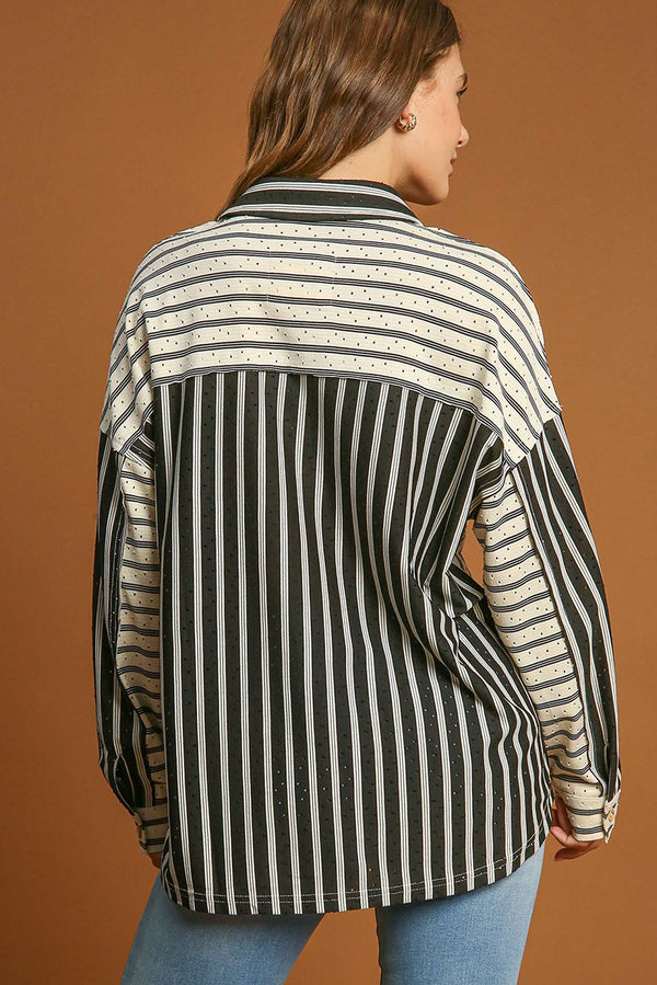 Black Striped Patchwork Button-up Long Sleeve Shirt