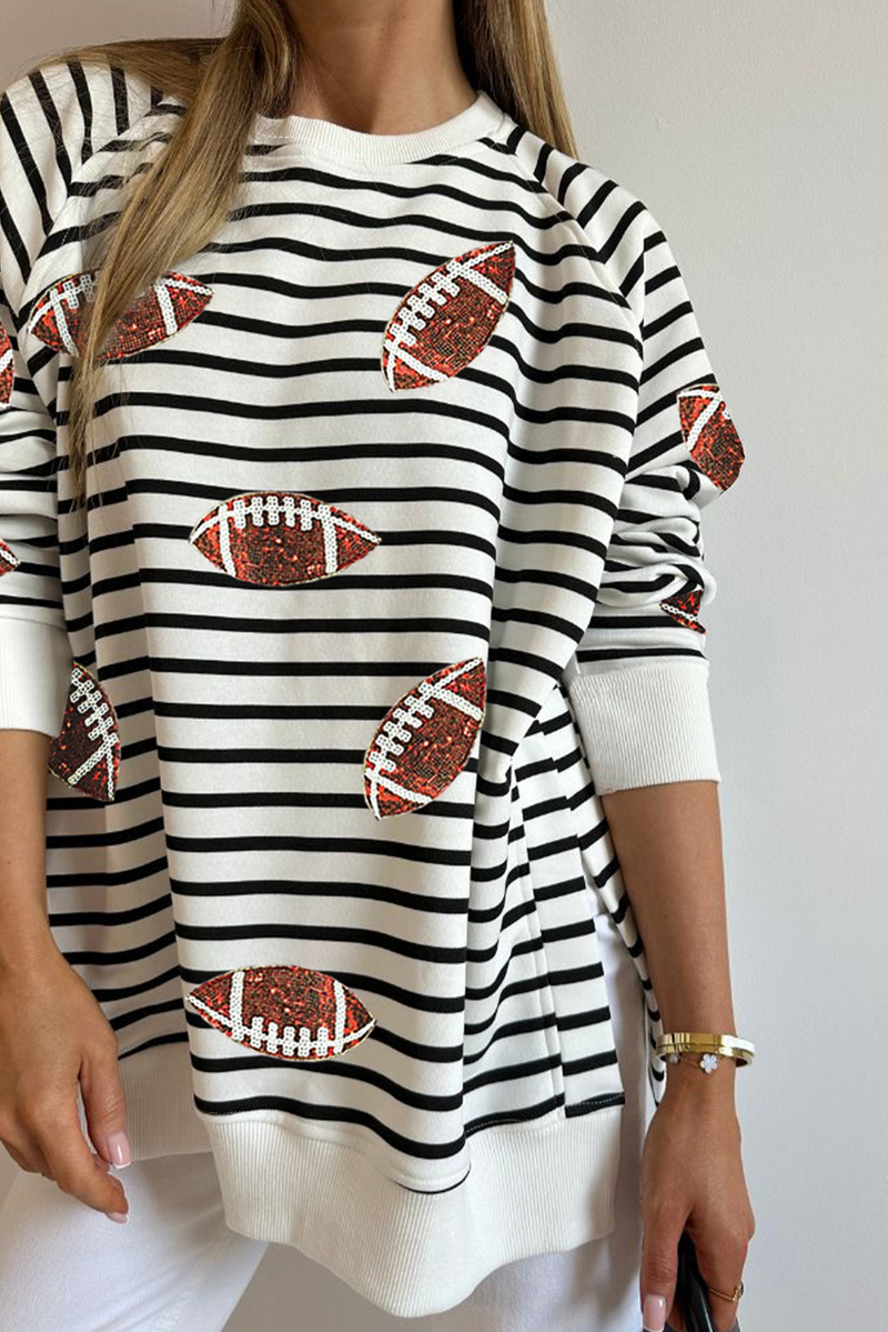 Black Stripe Sequin Rugby Football Side Slits Oversized Sweatshirt