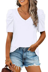 Green Solid Puff Sleeve Casual V Neck T-Shirt