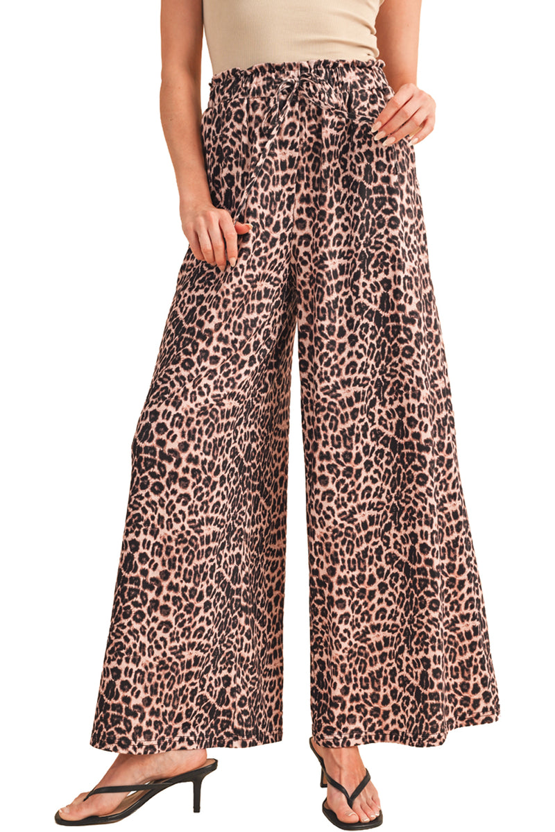 Beige Boho Leopard Print Wide Leg Pants