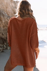 Brown Solid Color Rib-Knit Drop Sleeve Side Slits Top