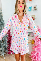 Pink Christmas Twinkle Tree Print Casual Shirt Sleep Dress