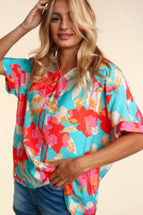 PLUS DROP SHOULDER DOLMAN BANDED FLORAL WOVEN TOP