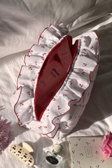 White Quilted Cute Cherry Print Ruffle Zipper Makeup Bag