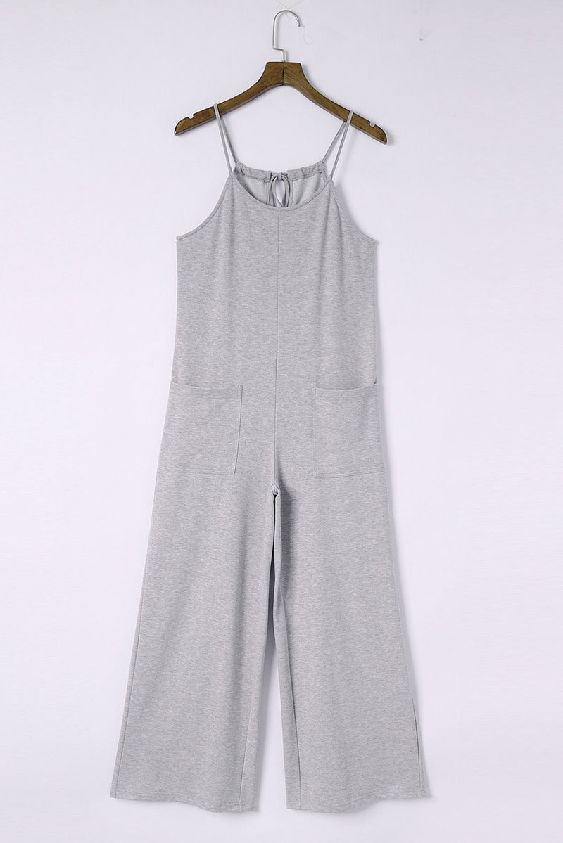 Gray Loose Fit Side Pockets Spaghetti Strap Wide Leg Jumpsuit