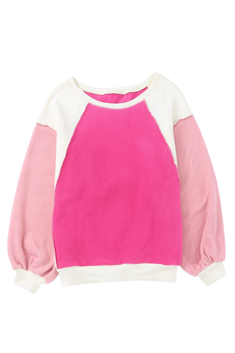 Rosy Colorblock Patchwork Plush Pullover Sweatshirt