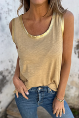 Tan Contrast Trim Round Neck Tank Top