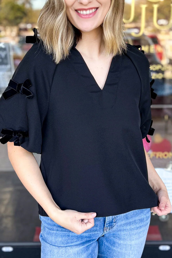 Black V Neck Bow Detail Puff Sleeve Blouse