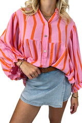 Orange Stripe Crinkle Ruffle Sleeve Loose Top