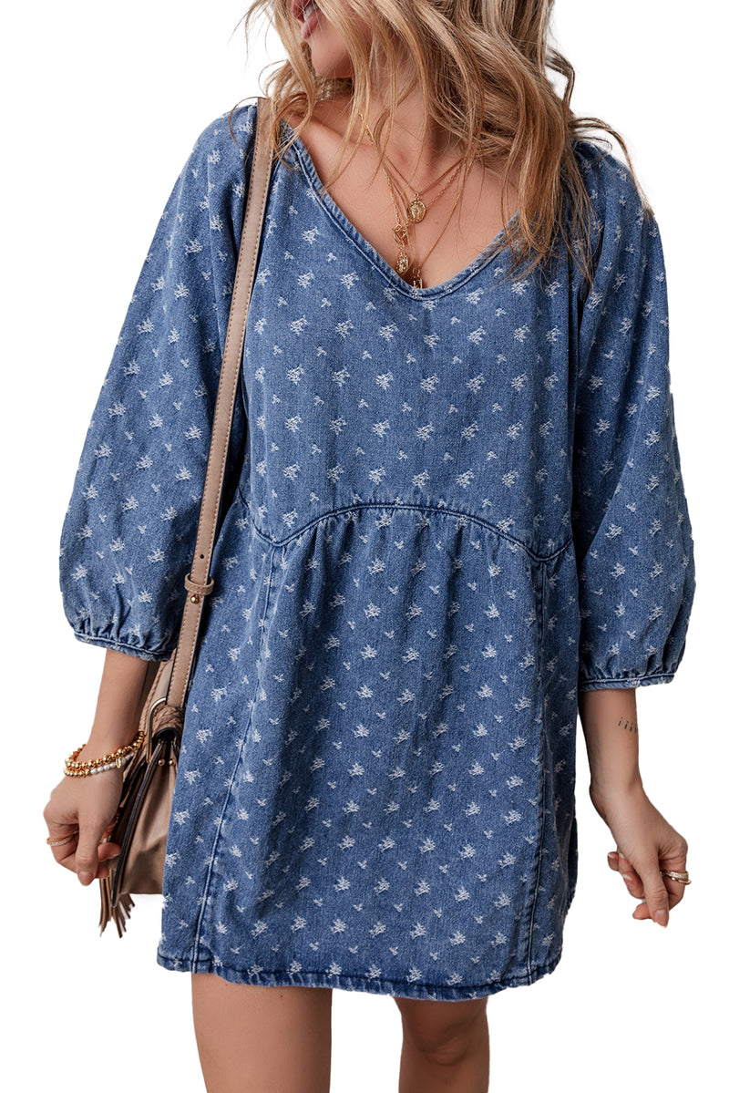 Ashleigh Blue Lace-up Back Loose Fit V Neck Denim Dress