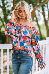 Multicolor Bohemian Floral Print Shirred Ruffle Off Shoulder Blouse