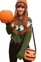 Jungle Green Halloween Ghost Pattern Drop Shoulder Sweater