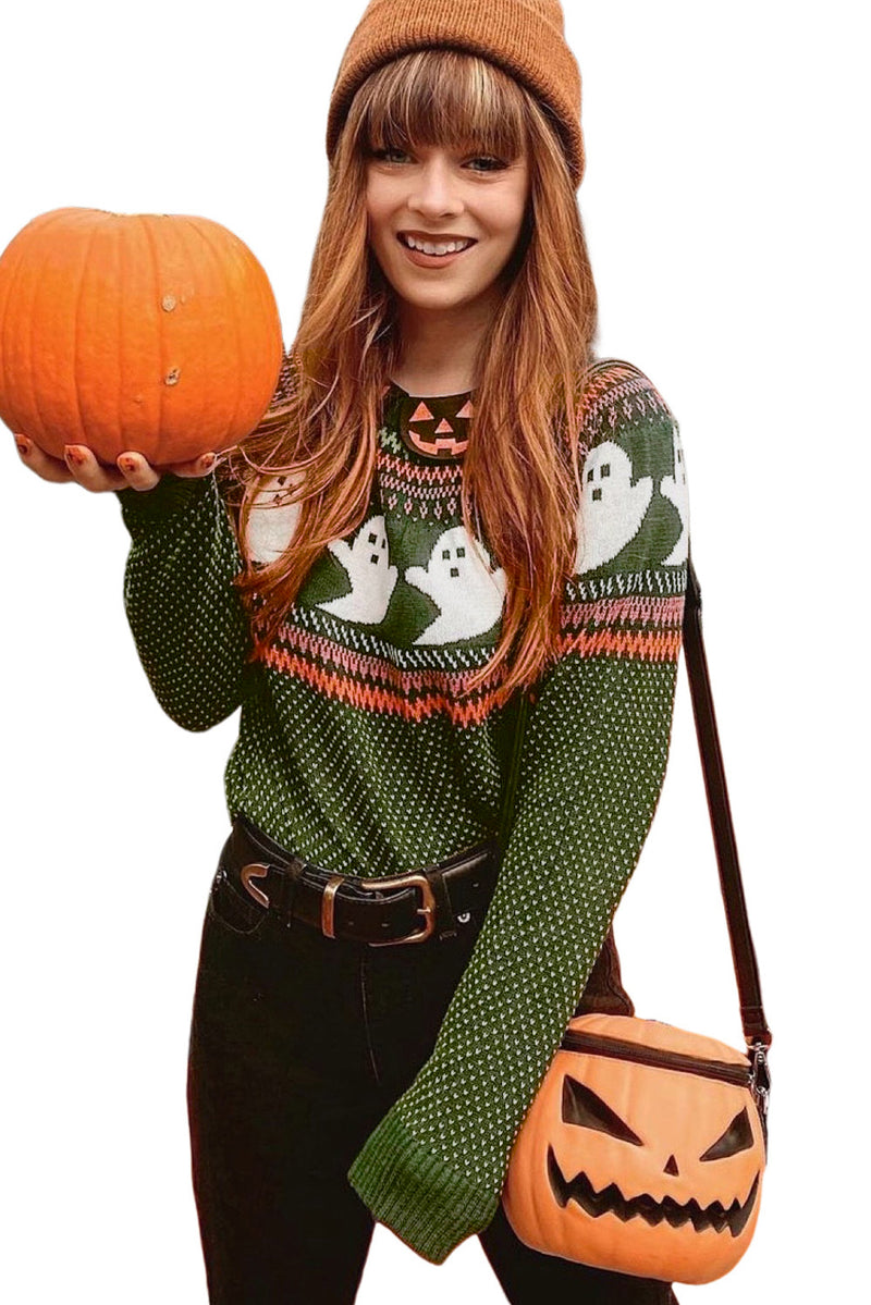 Jungle Green Halloween Ghost Pattern Drop Shoulder Sweater