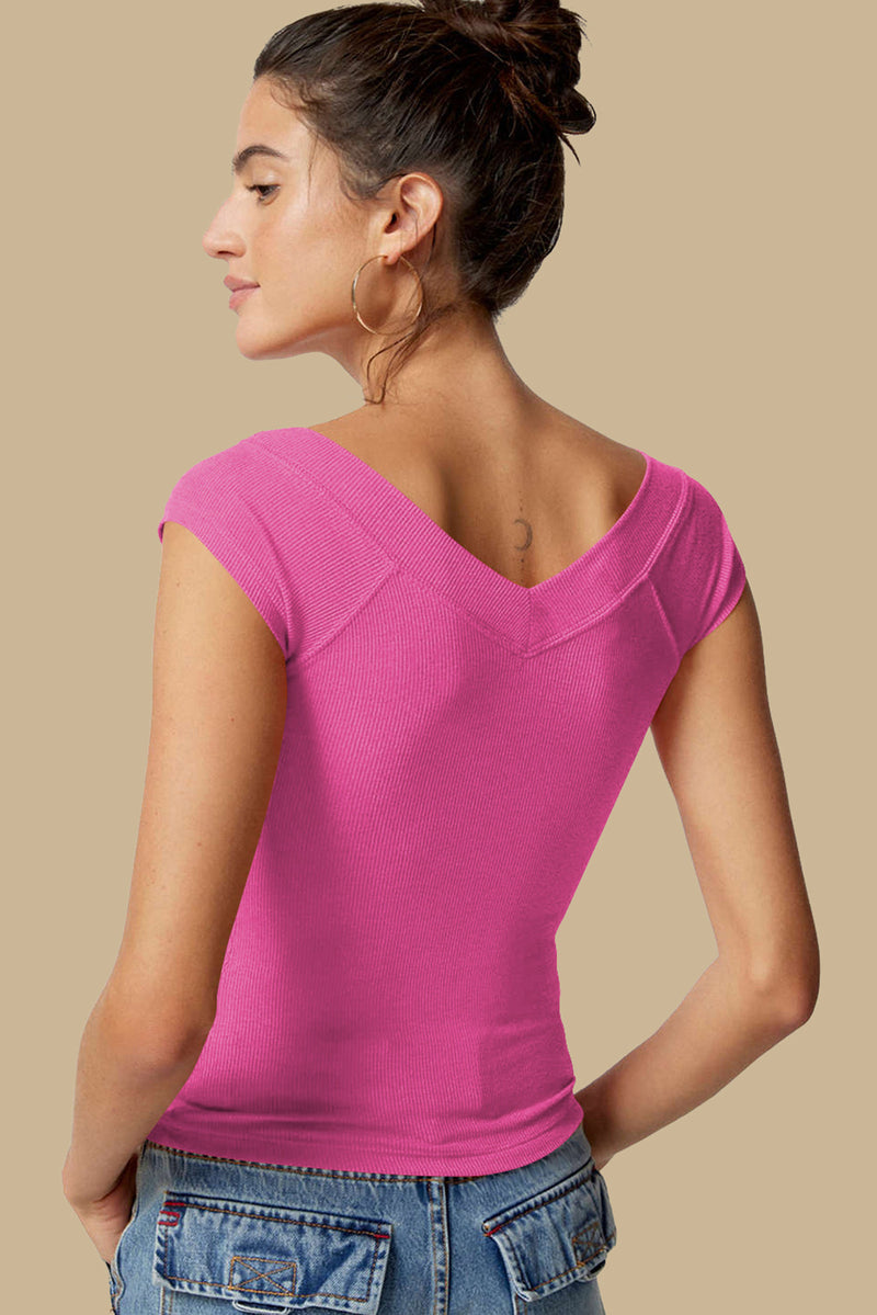 Bright Pink Plain Tight V-Neck Short Sleeve Kint Top