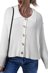 White Casual Collared Button-up Loose Fit Sweater