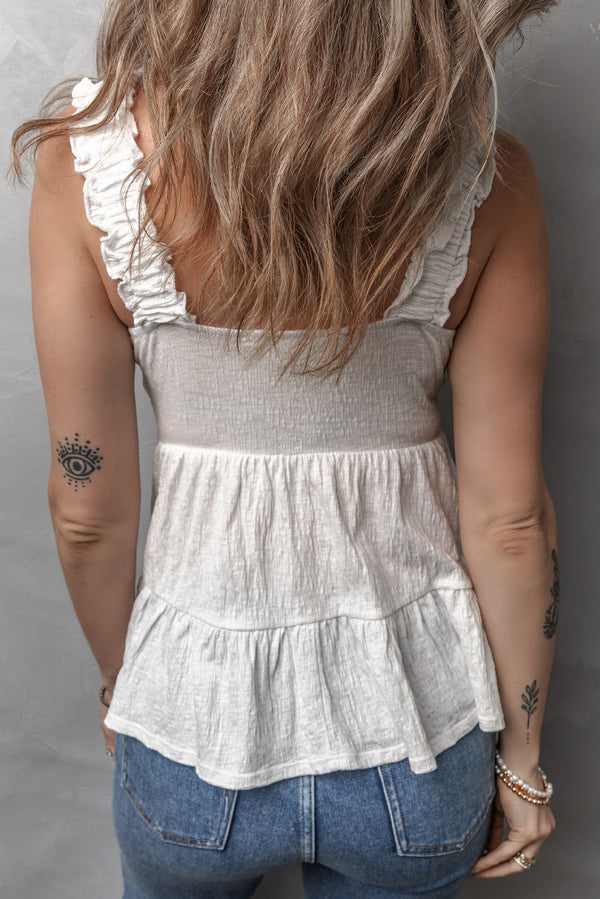 White Crinkled Ruffled Straps Peplum Babydoll Sleeveless Top