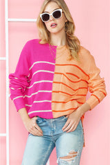 Multicolor Striped Color Block Loose Fit Knit Sweater