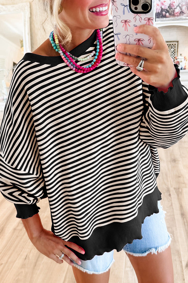 Green Stripe Drop Shoulder Long Sleeve Top