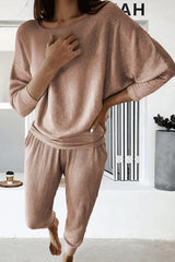 Parchment Ribbed Dolman Sleeve Top and Pocketed Pants Set