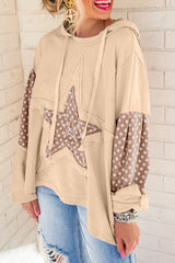 Apricot Floral Patchwork Star Pattern Drawstring Hoodie