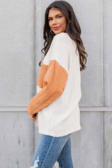 Black Long Sleeve Colorblock Chest Pocket Textured Knit Top