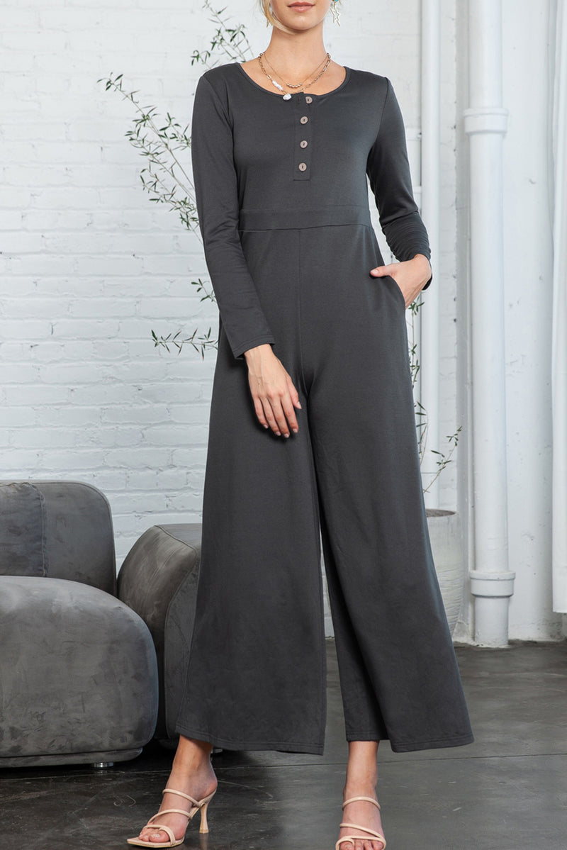 Dark Grey Henley Long Sleeve Wide Leg Jumpsuit with Pockets