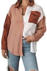 Brown Color Block Pockets Textured Long Sleeve Shacket