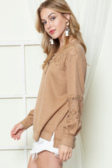 Apricot Lace and Waffle Knit Crisscross Straps V Neck Long Sleeve Top