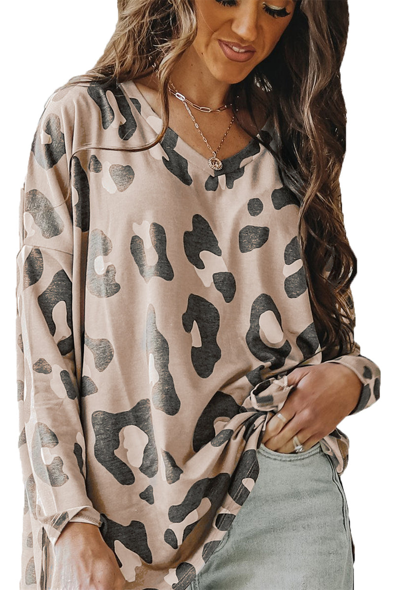 Khaki Leopard Print V Neck Long Sleeve Shirt