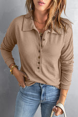 Khaki Button Front Turn-down Neck Knit Top