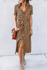 Khaki Leopard Print Waist Belted Button Up Shirt Dress