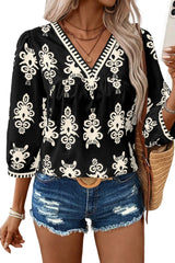 Black Ethnic Abstract Print Puff Sleeve V Neck Blouse