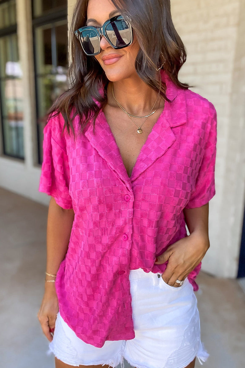 Bright Pink Lapel Neck Checkered Textured Shirt